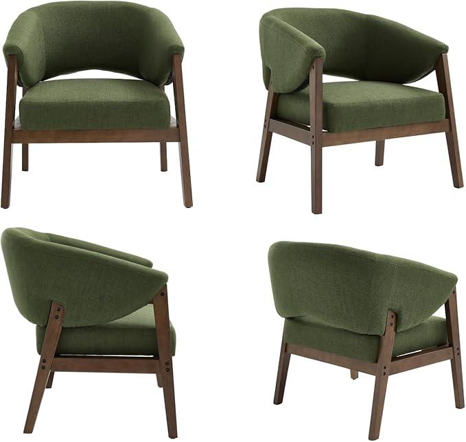Mid-Century Modern Accent Chair, Comfy Barrel Armchair with Wide Seat, Upholstered Lounge Chair with Walnut Wood Legs for Living Room/Bedroom/Reading Corner, Linen Fabric, Deep Green, 1PC