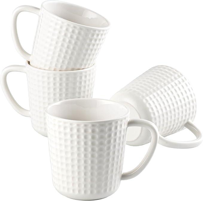 Ceramic Coffee Mugs 15 oz, Large Waffle Embossed Mug Set, Coffee Cups for Latte, Cappuccino, Cocoa, Tea, Mocha, Milk, Housewarming Wedding Present,Microwave & Dishwasher Safe - Set of 4 (White)