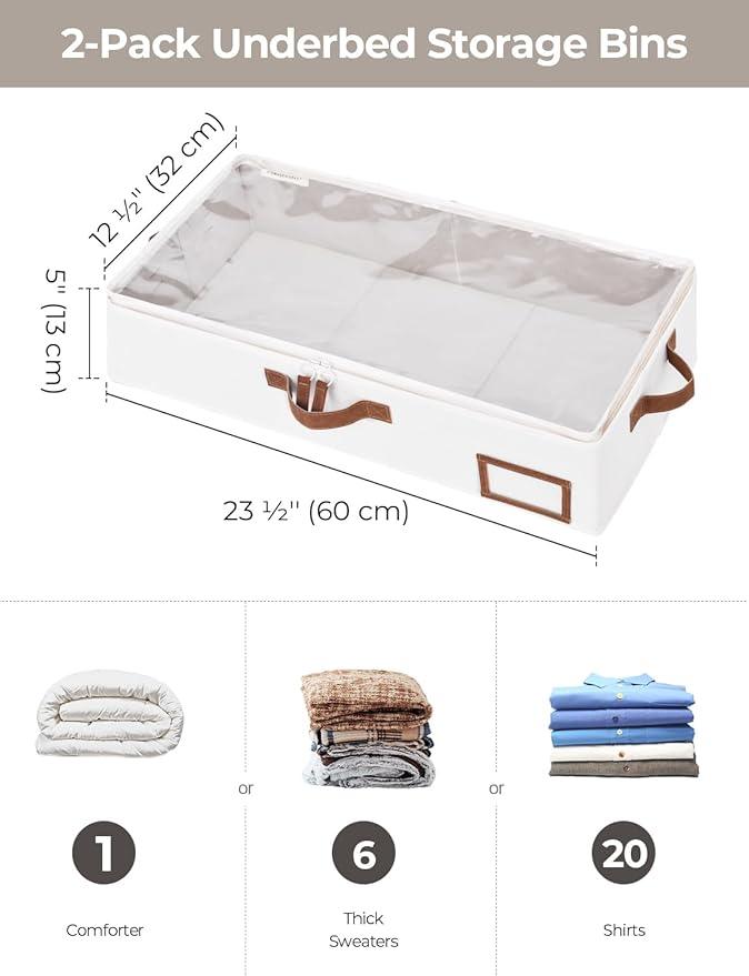 StorageWorks Under Bed Storage Containers with Handles and Label Holder, 2 Pack Ultra-thick Fabric Underbed Bins, Closet Organizer for Clothes, Blankets, Sweater