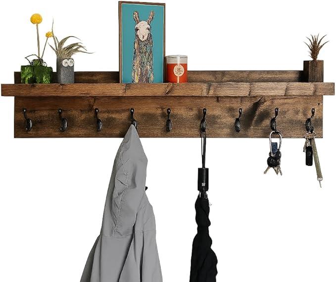 Coat Rack with Shelf Wall Mounted with Storage (Choose Your Length) Towel Rack Entryway Organizer Key Hooks (40