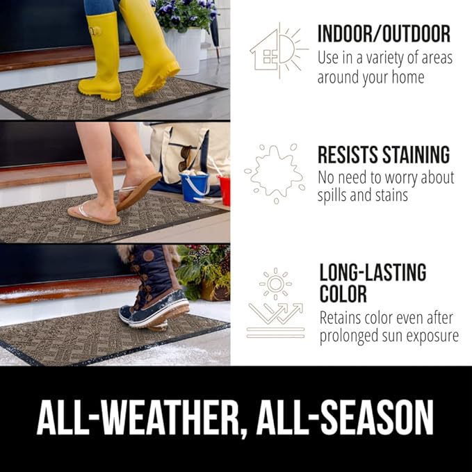 GORILLA GRIP 100% Waterproof All-Season WeatherMax Doormat, 72x24, US Designed Natural Rubber, Stain and Fade Resistant, Low Profile Indoor Outdoor Door Mats, Easy Clean Patio Mat, Taupe Basket Weave