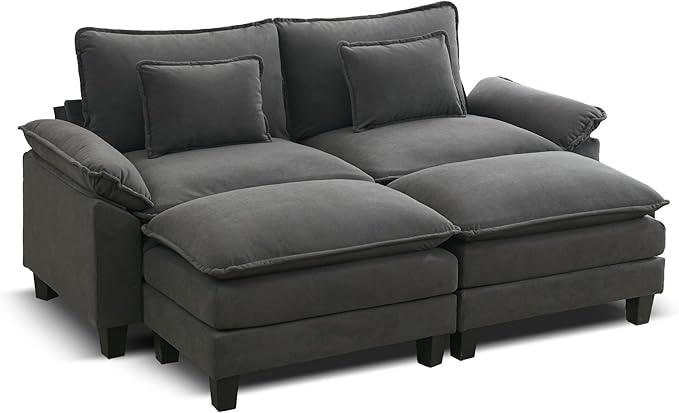 URRED Modular Sectional Sofa Comfy Cloud Couch, Modern Velvet Sofa Sleeper Deep Seat Couches with Ottoman/Pillows for Living Room (Dark Gray, 82.6''- 2 Ottomans)