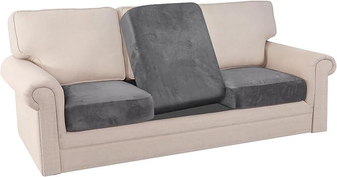 PrinceDeco Stretch Sofa Cushion Covers for Couches and Sofas,Soft Velvet Couch Seat Covers, Sofa Covers Washable, Seat Cushion Cover for 3 Couch Sofa Pet Friendly - Grey, Each Width Up to 29.5