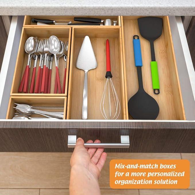 Bamboo Kitchen Drawer Organizer, Wooden Storage Box for Utensil Organizer Silverware Tray Cutlery Holder Flatware Containers - Multi-Use Deep Drawer Dividers Organizer for Bathroom, Jewelry, 12