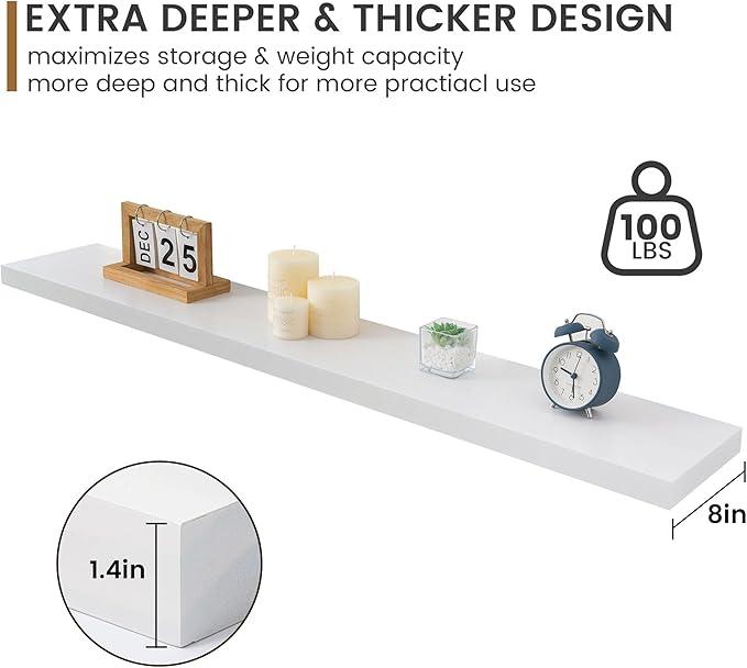 Fun Memories 48 Inch Floating Shelves for Wall, Deep Rustic Solid Pine Wood Shelf - Farmhouse Wall Mounted Display Shelf with Heavy-Duty Metal Bracket, 48