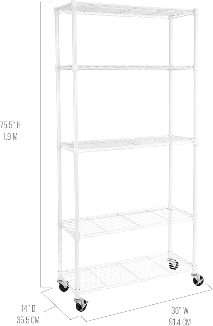 Seville Classics UltraDurable Heavy Duty NSF Solid Steel Wire Rack Storage Unit, Organizer for Garage, Warehouse, Office, Restaurant, Classroom, Kitchen, White, 5-Tier Shelving, 36