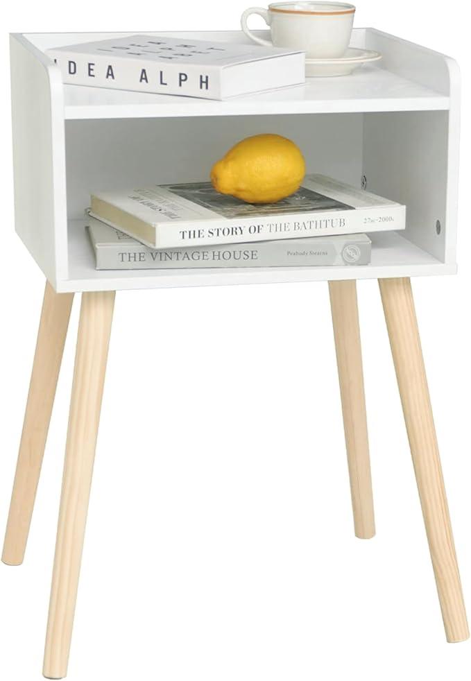 MaxSmeo White Nightstand, Small Bed Side Table for Small Spaces,Mid Century Modern Nightstand End Table with Storage and Solid Wood Legs for Bedroom Living Room(White)