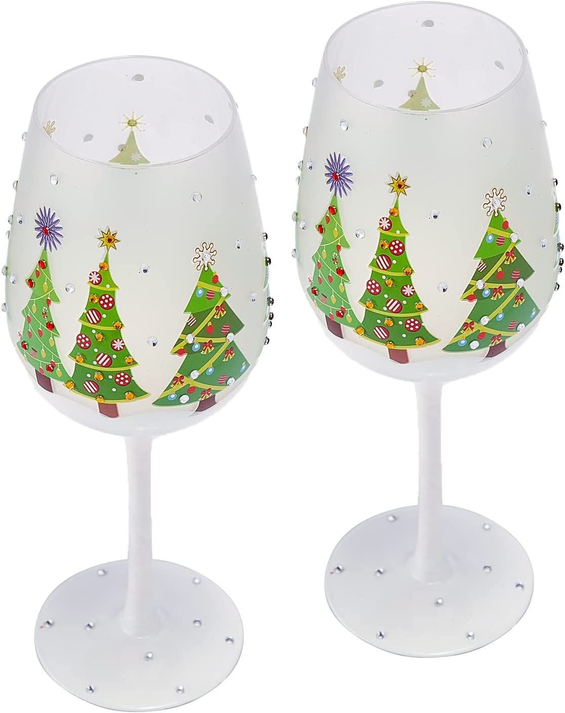 Set of 2 Stemmed Christmas Tree Design Wine Glasses - Hand Painted 14 oz Decorated Christmas Tree Glasses - Perfect for Wine, Champagne, Holiday Parties and Festivities - 8.75