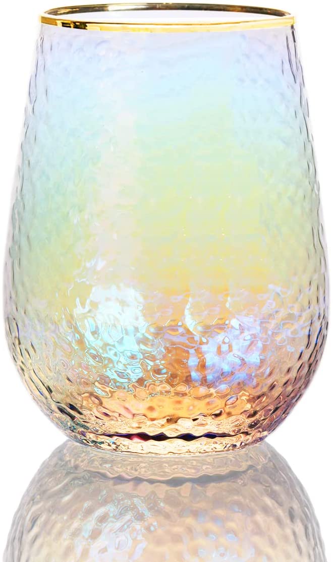 Festive Lustered Iridescent Stemless Wine & Water Glasses - Set of 4-100% Glass 15oz Mouthblown Colorful Glasses - Anniversaries, Birthday Gift, Cocktail Party Radiance - Water, Whiskey, Juice, Gift