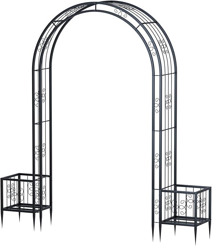 88in Steel Garden Arch Arbor Trellis with Planter Boxes for Climbing Plants Outdoor, Yard, Wide Sturdy Durable Garden Arch for Lawn,Outdoor Wedding Arch(Black)