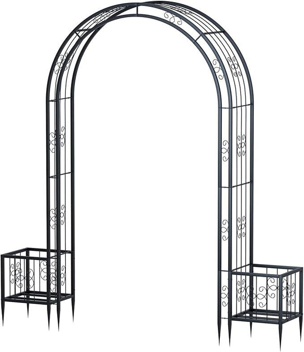 88in Steel Garden Arch Arbor Trellis with Planter Boxes for Climbing Plants Outdoor, Yard, Wide Sturdy Durable Garden Arch for Lawn,Outdoor Wedding Arch(Black)