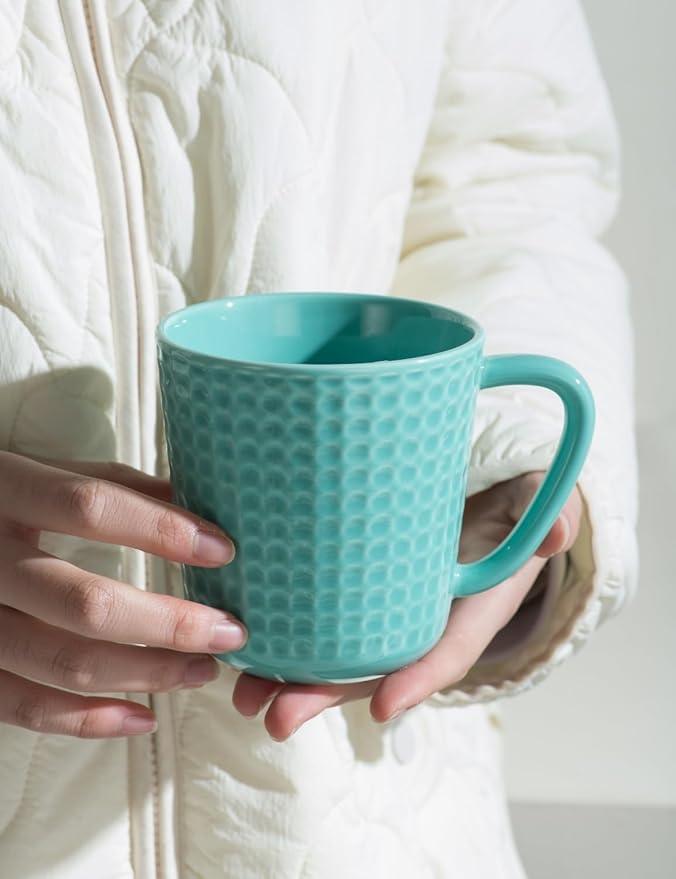Ceramic Coffee Mugs 15 oz, Large Waffle Embossed Mug Set with Handle, Unique Coffee Cups for Latte, Cappuccino, Cocoa, Hot Tea, Mocha, Milk, Housewarming Wedding Present - Set of 4 (Turquoise)