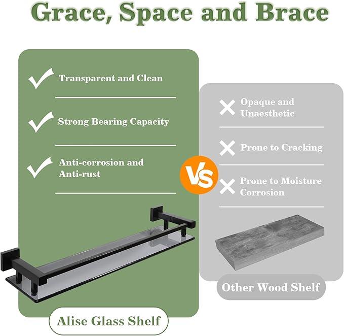 Alise Bathroom Shelves,Matte Black Glass Shelf for Bathroom, Modern Floating Shelves,20 inch