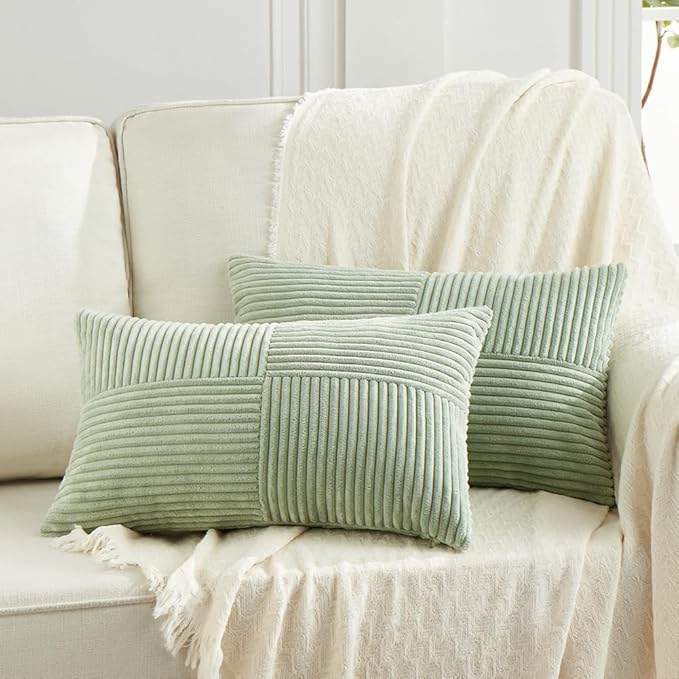 Fancy Homi 2 Packs Sage Green Long Lumbar Decorative Throw Pillow Covers 16x24 Inch for Couch Bed Sofa, Rustic Farmhouse Boho Home Decor, Soft Striped Corduroy Rectangle Accent Cushion Case 40x60 cm