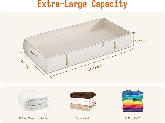 Vailando Under Bed Storage Containers, Underbed Storage Bins with 6 Inches Tall, Clothes Storage Box with Sturdy Handles and Sidewalls, Beige, 2-Pack