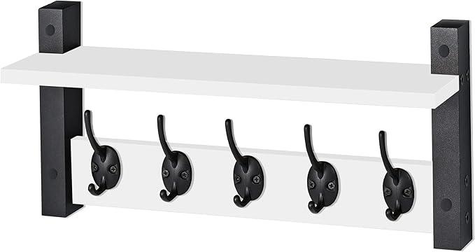 Sorbus Coat Hooks Wall Mount with Shelf – 16 Inch Coat Rack Wall Mount with 5 Heavy Duty Hooks – Floating Wall Shelf with Hooks for Entryway, Bathroom, Bedroom, Kitchen, or Mudroom (White)