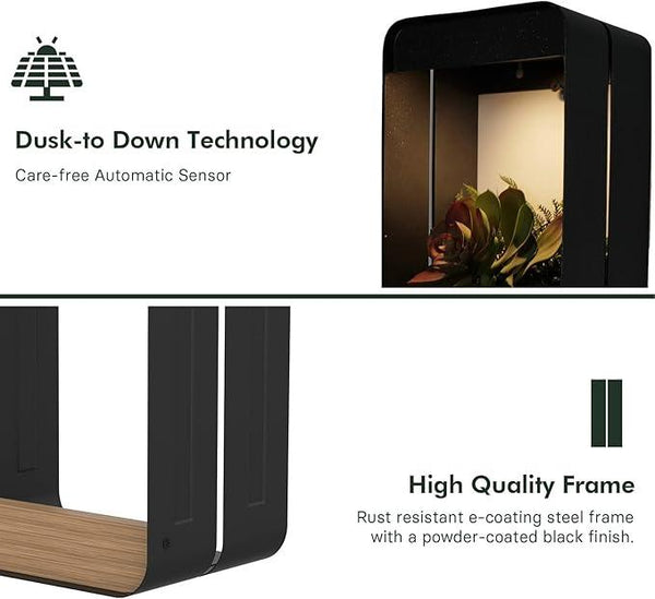 Grand patio Solar Outdoor Power Wall Sconce Shelf Planter, Waterproof Decor LED Wall Light Lamp with Woodgrain for Patio, Porch, Solar Energy, Black(S-Rectangle)