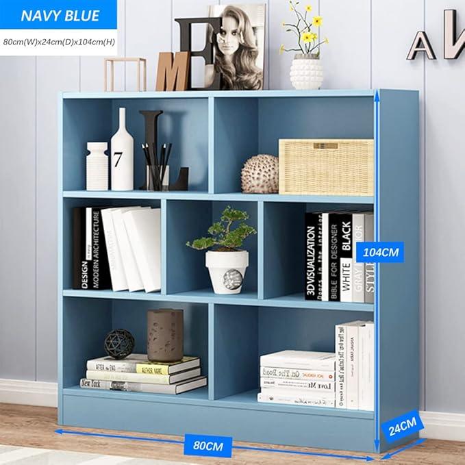 IOTXY Open Shelf Low Bookcase - Wooden 3-Tier Floor Standing Display Cabinet Organizer with Base, 7 Cubes Short Horizontal Bookshelf in Bright Blue