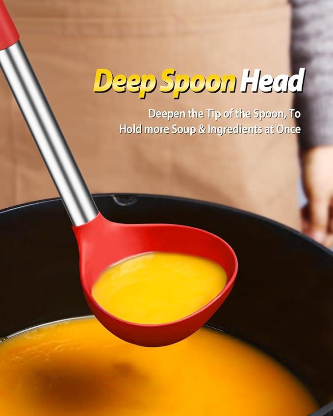 Silicone Pasta Fork and Ladle Spoon Set, Large Non Stick Kitchen Utensils for Cooking,Stirring,Serving Spaghetti, Soup, Sauce (RED)