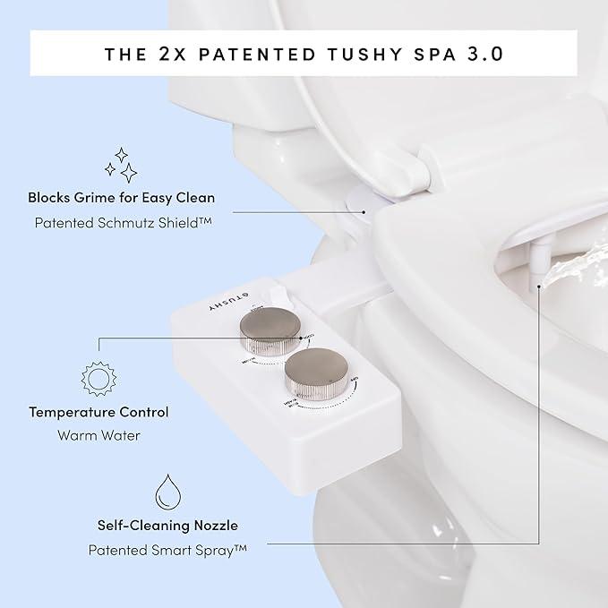 TUSHY Spa Warm Water Bidet Attachment for Toilet. Universal Fit, Easy Install (Requires Sink Access for Optional Temperature Control) Self Cleaning, Adjustable Pressure, Angle Control, Platinum Knob