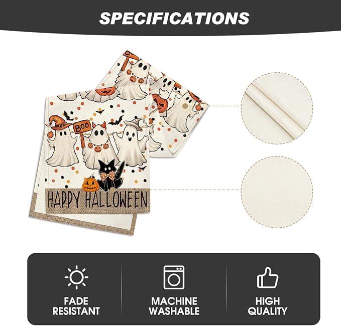 Artoid Mode Beige Ghost Jack-O'-Lantern Black Cat Halloween Table Runner,Holiday Kitchen Dining Table Decoration for Home Party Decor 13 x 72 Inch
