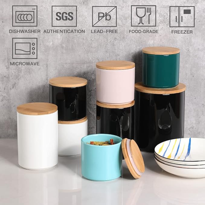 Sweejar Ceramic Kitchen Canister Sets, Porcelain Container for Countertop, Heavy Food Storage Jars with Airthight Seal Bamboo Lid, Servering for Sugar, Coffee Beans, Tea Leaves, Pack of 4（Jade）
