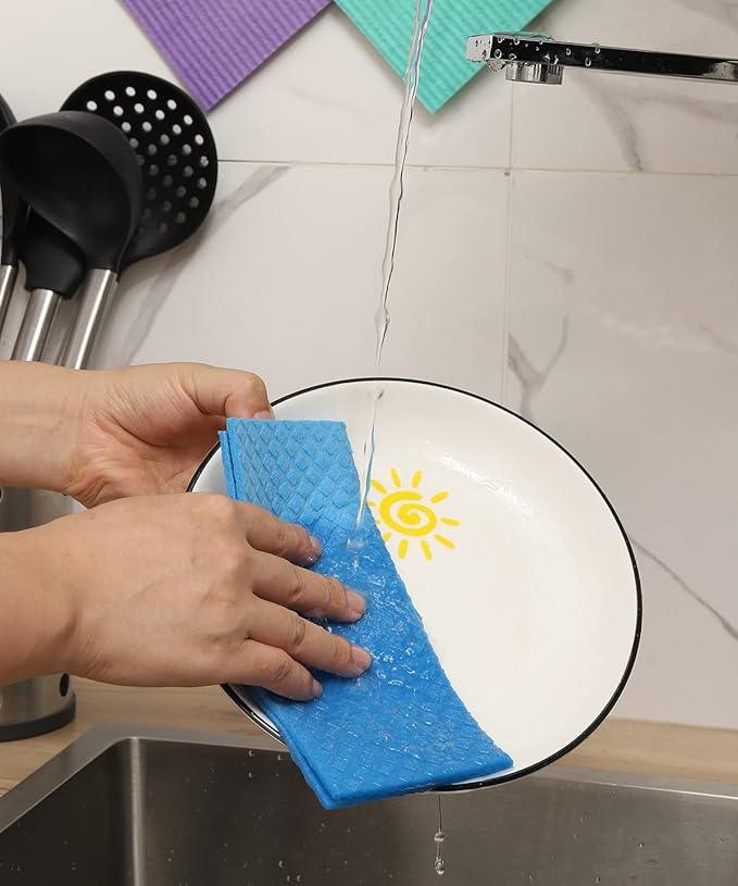 Swedish Dishcloths - 10 Pack Reusable Kitchen Dishcloths - Ultra Absorbent Dish Towels for Washing Dishes - Cellulose Sponge Cloth Cleaning Cloths - Blue