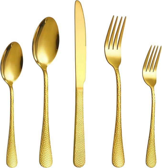 20 Pcs Gold Silverware Set for 4 with Hammered Design, Food Grade Stainless Steel Flatware Set, Eating Utensils Sets Include Fork/Knife/Spoon, Cutlery Set, Dishwasher Safe
