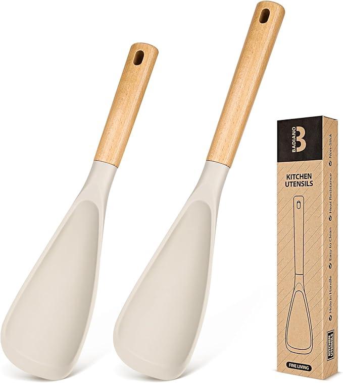 Multifunction Spatula Spoon for Nonstick Cookwares, Great for Cooking and Serving, Sturdy BPA-Free Matte Silicone, Wood Handle Spatula for Mixing, Scoop, and Scrape, Khaki(2 pack,11.4