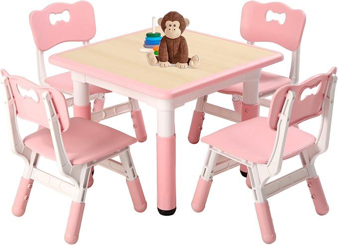 FUNLIO Kids Table and 4 Chairs Set, Height Adjustable Toddler Table and Chair Set for Ages 3-8, Easy to Wipe Arts & Crafts Table, for Classrooms/Daycares/Homes, CPC & CE Approved (5-Piece Set) - Pink