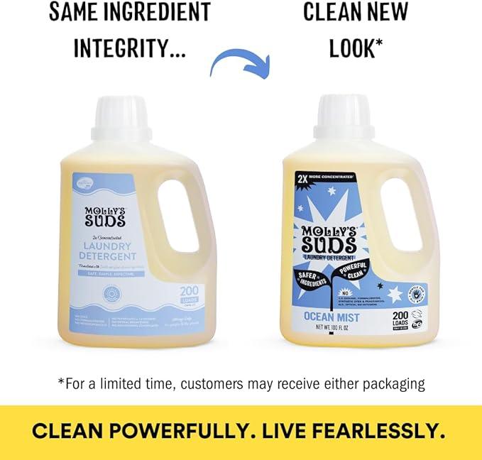 Molly's Suds Liquid Laundry Detergent | Clean Laundry Detergent Soap for Sensitive Skin | 2x Concentrated, High Efficiency (HE) | Ocean Mist - 100 Loads