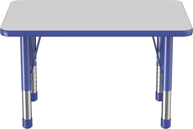 FDP Rectangle Activity School and Classroom Kids Table (24 x 36 inch), Chunky Toddler Leg, Adjustable Height 15-24 inches - Gray Top and Blue Edge