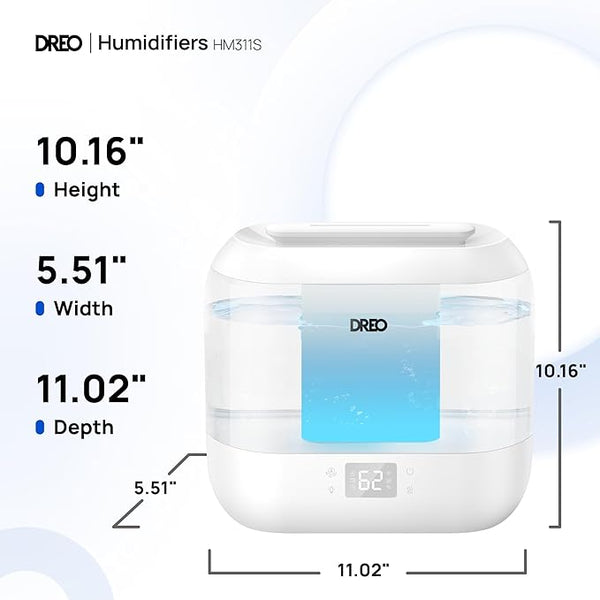 Dreo Smart Humidifier, Cool Mist Humidifiers for Bedroom, Quiet 4L Top Fill Ultrasonic Humidifiers for Home Office Plant & Baby with Nightlight, LED Display, 36H Runtime, APP/Voice Control, HM311S