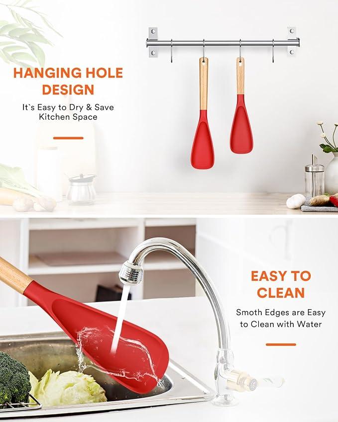 Multifunction Spatula Spoon for Nonstick Cookwares, Great for Cooking and Serving, Sturdy BPA-Free Matte Silicone, Wood Handle Spatula for Mixing, Scoop, and Scrape, Red(2 pack,11.4
