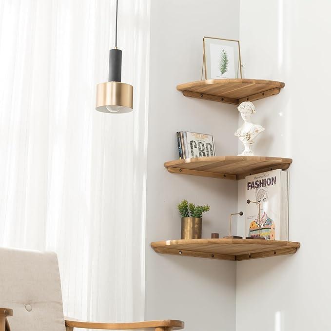 Corner Shelf, 7inch Solid Oak Wood Floating Corner Shelf Wall Mount Round End Floating Speaker Shelves with Wire Hole for Small Plant Photo Frame for Bedroom Kitchen, Living Room