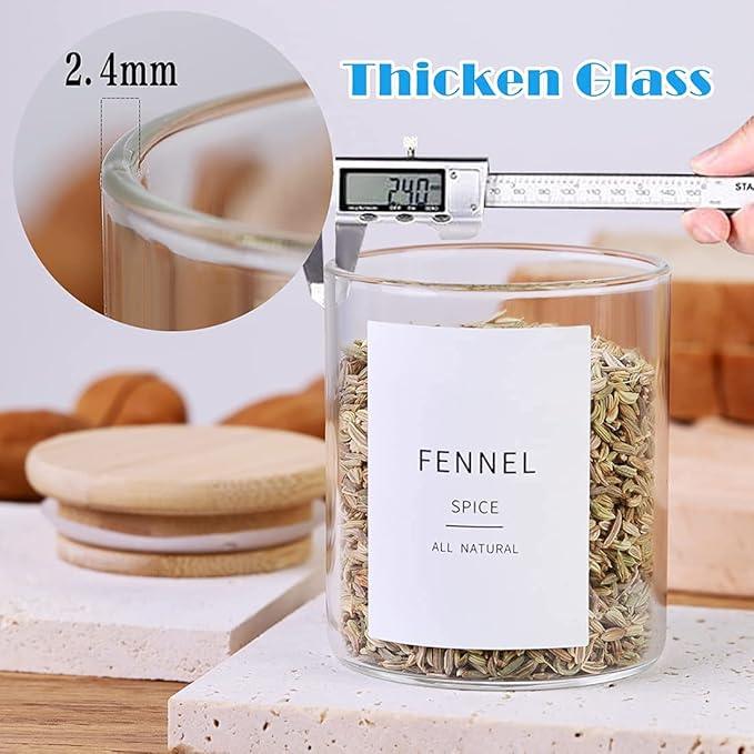 Glass Spice Jars with Bamboo Lids - 20 Pcs Thicken(2.4mm) 6oz Airtight Seasoning Containers with 131 Waterproof Minimalist Spice labels Preprinted - Small herb Jars for Pantry Organization and Storage