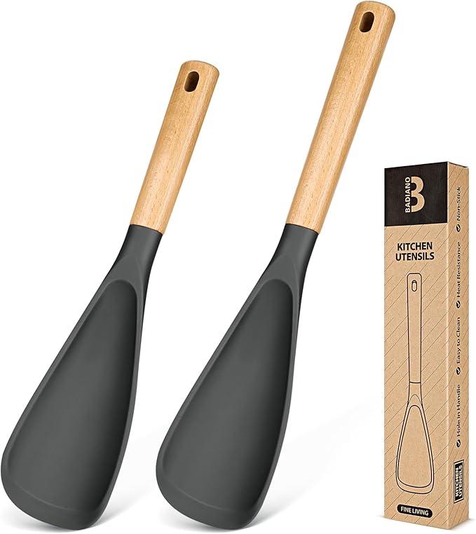 Multifunction Spatula Spoon for Nonstick Cookwares, Great for Cooking and Serving, Sturdy BPA-Free Matte Silicone, Wood Handle Spatula for Mixing, Scoop, and Scrape, Grey(2 pack,11.4