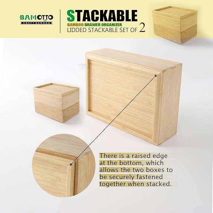 Stackable Bamboo Drawer Organizer Set – 2 Boxes with 1 Lid | Wood-Laminated Trays for Kitchen Utensils, Silverware & Flatware – Storage Fits Cabinets, Pantry, Bathroom & Office | 10.2