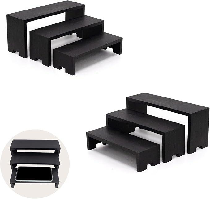 Display Wood Risers Wooden Stand 3 Tier Black Wood Racks Decorative Rectangular, 2 Set 6 Piece Cupcake Stands Cologne Perfume Organizer Dessert Showcase(Black)