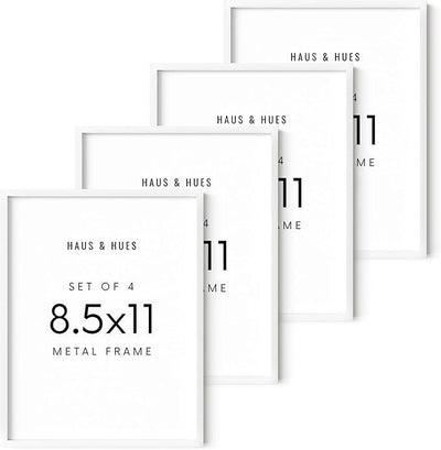 HAUS AND HUES 8.5x11 White Metal Picture Frames - Features Premium Aluminum, Shatterproof Plexiglass - Perfect for Diplomas, Documents, Certificates (8.5x11 in, White, Set of 4)