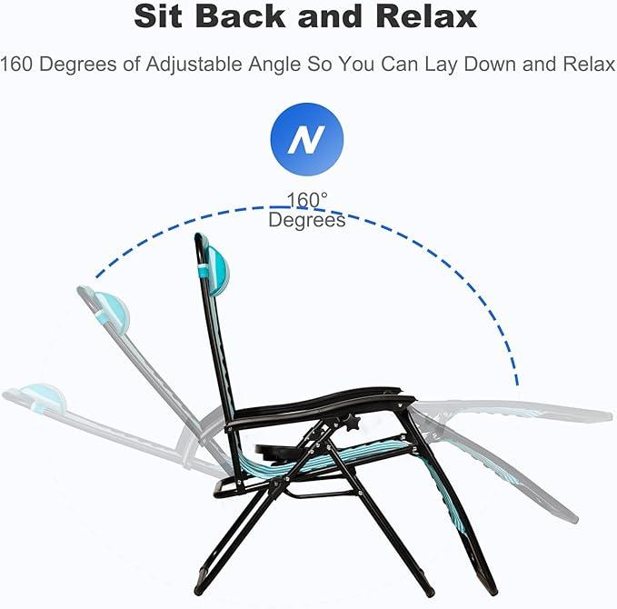 Nazhura Set of 2 Relaxing Recliners Patio Chairs Adjustable Steel Mesh Zero Gravity Lounge Chair Beach Chairs with Pillow and Cup Holder (Light Blue Stripe)