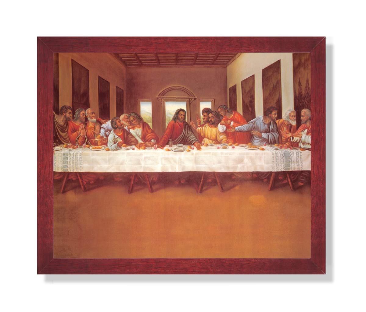 Last Supper Framed Art – Black African American Religious Wall Decor with Cherry Wood Frame
