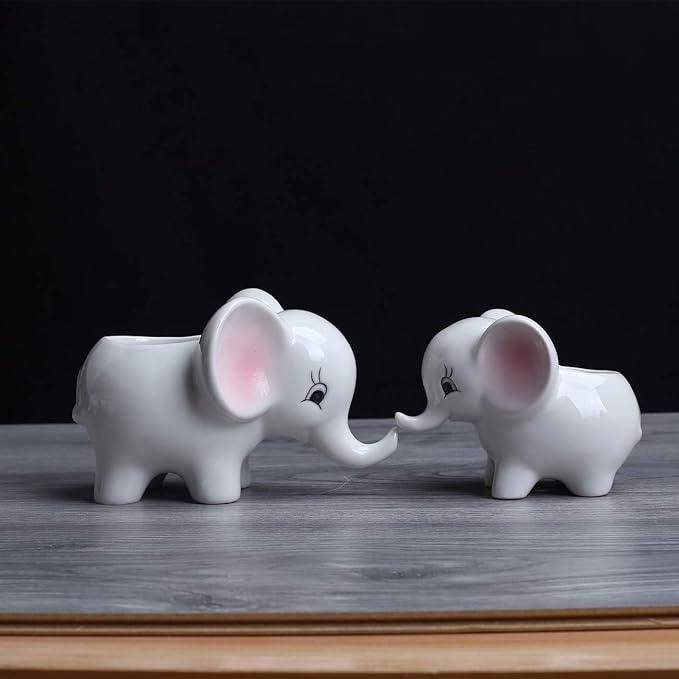 Ogrmar 2PCS Elephant Plant Window Boxes Cute Elephant Flower Pot/Modern White Ceramic Succulent Planter Pots/Tiny Flower Plant Containers Animal Decor