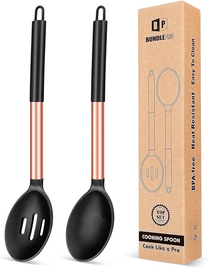 Pack of 2 Large Silicone Cooking Spoons,Non Stick Solid Basting Spoon,Heat-Resistant Kitchen Utensils for Mixing,Serving,Draining,Stirring (ROSE GOLD BLACK)