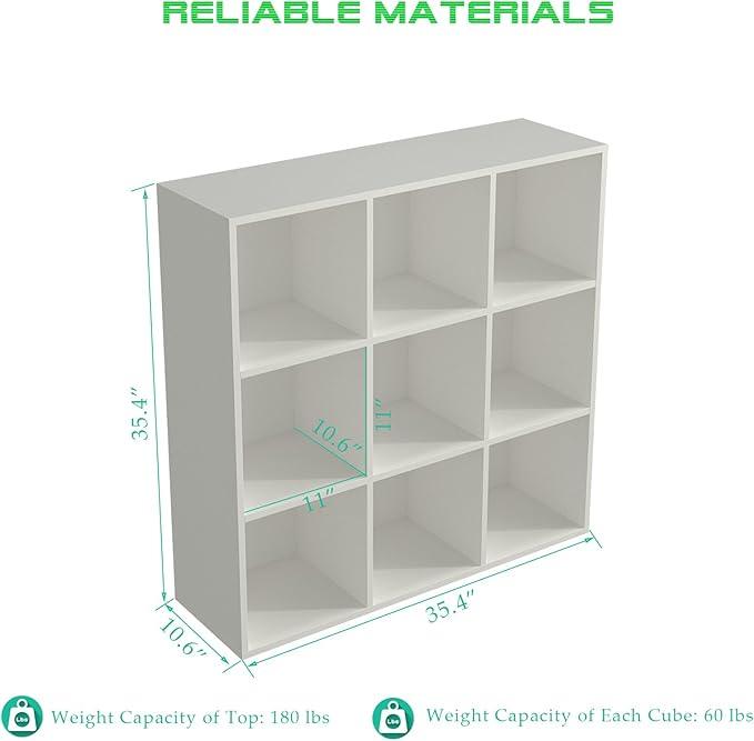 9-Cube Storage Shelf Bookcase - Wooden 3-Tier Floor Standing Open Bookshelf for Home and Office, Display Cabinet, Warm White