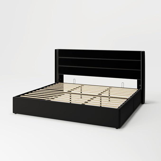 Allewie King Size Velvet Lift Up Storage Bed, Modern Wingback Headboard, Hydraulic Support, No Box Spring Needed, Black