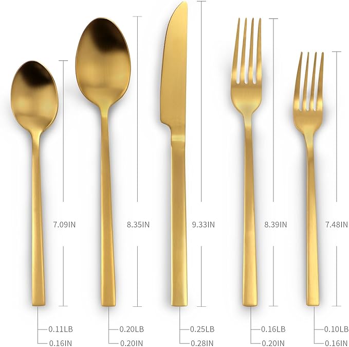 Stainless Steel Flatware Set Hand Forged 18/10 Silverware Set Cutlery Set Gold Cuboid Handle Matte Finished 40 Pieces Service for 8