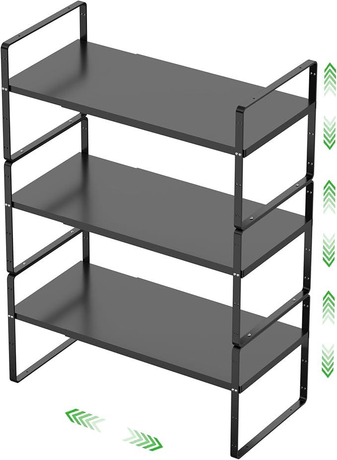 Expandable Cabinet Storage Shelf Stackable Organizer Rack for Kitchen Bathroom Pantry Spice Cupboard Countertop Home Office Desk Heavy Duty Nonslip Black Small 3 Pack