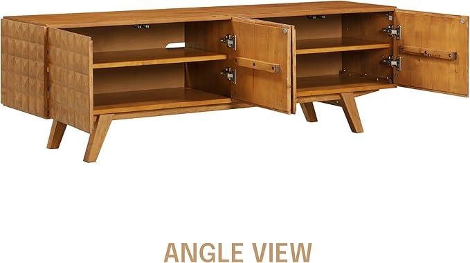 NTC Sapa Mid-Century Modern Solid Wood TV Stand 4-Door Media Console with Carved Geometric Fronts for TVs up to 75