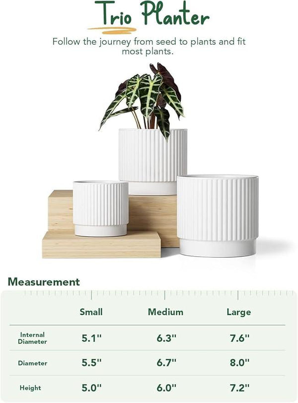 LE TAUCI Ceramic Plant Pots with Drainage Holes, Set of 3, 8+6.7+5.5 Inch Stripe Garden Planter Pots for Outdoor Indoor Plants Flower, Round Succulent Orchid Flower Pot, Small to Large Size, White